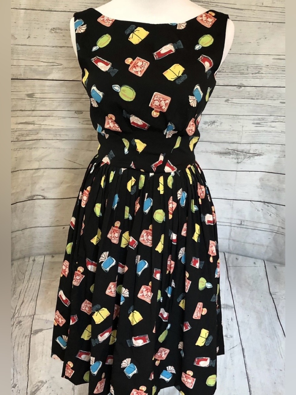 Black Fit-and-Flare Dress with Colorful Perfume Bottle Print Emily and Fin XS